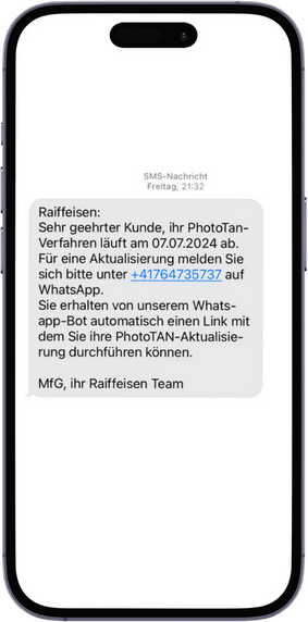 Handyscreen mit einer Phishing-Nachricht zur angeblichen Aktualisierung des PhotoTan